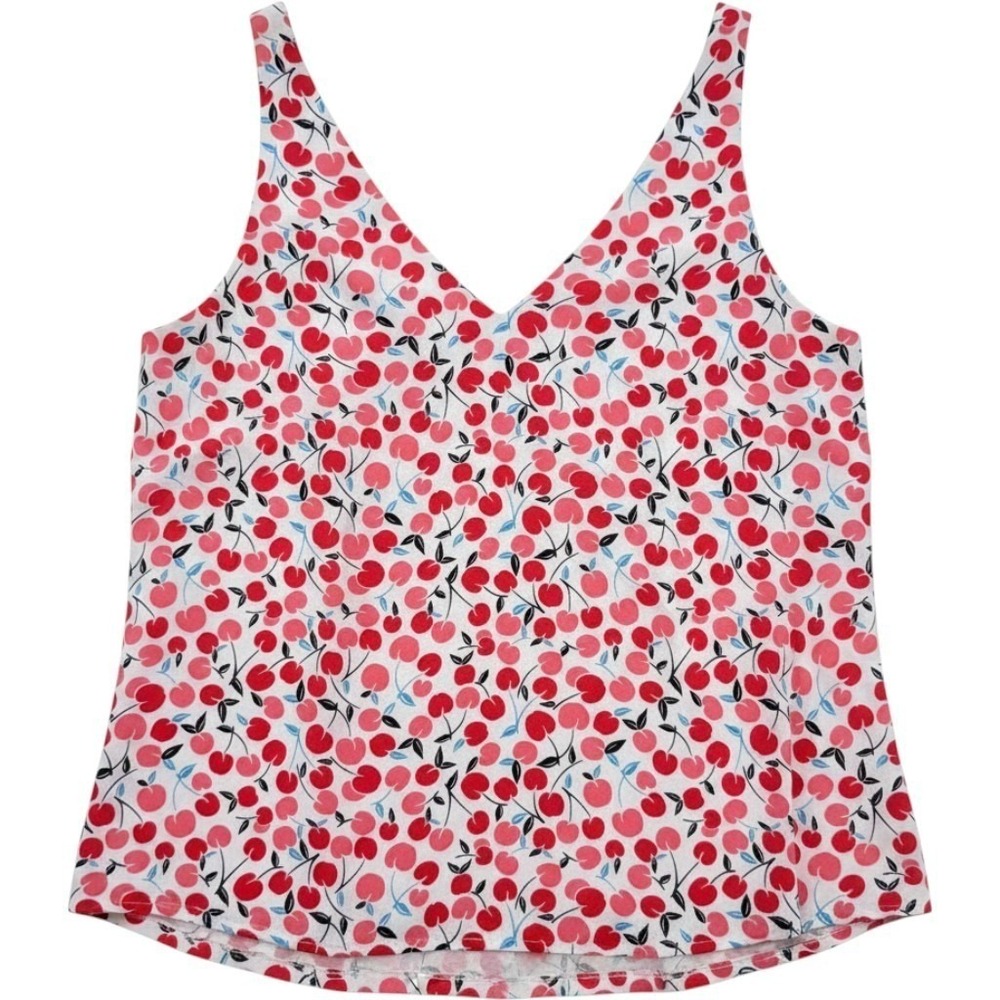 LOFT Red Pink Cherry Print V Neck Tank Top Sleeveless Small Coquette Cottage